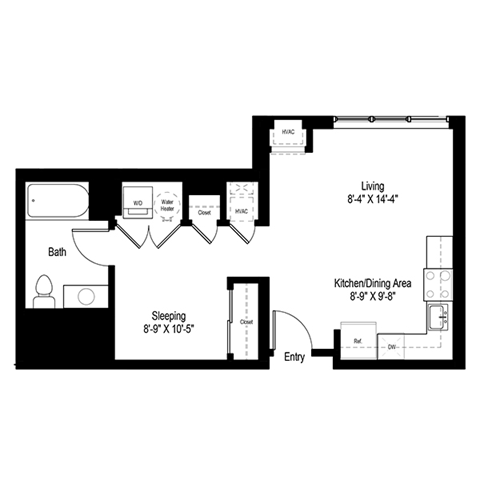 Floor plan for studio, 1 bath, 572 sqft